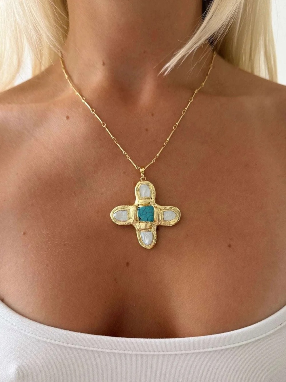 Gold-Plated Cross Pendant Necklace with Turquoise Center